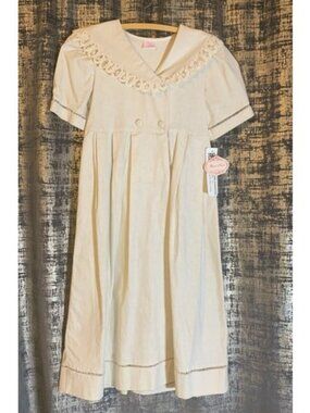 Vintage Allison Rose Dress Girls Size 14 Ecru Linen Battenberg Lace Heirloom USA